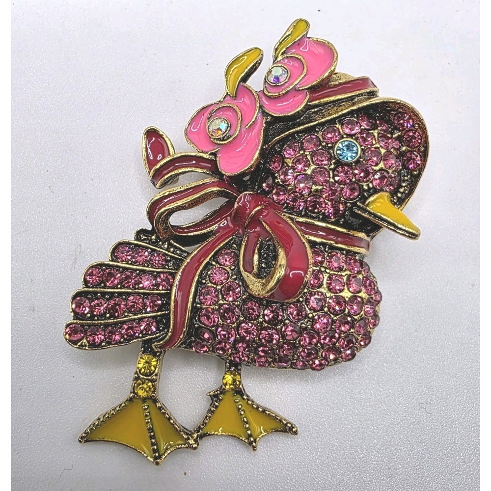 Duck Brooch Rhinestones Colorful Easter Bonnett Flowers‎ Bow Unsigned Chick Pin